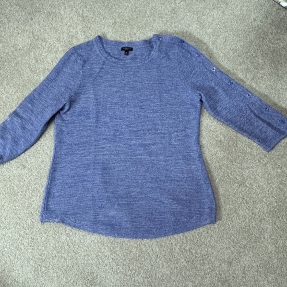 Talbots Blue Knit Sweater 3/4 Sleeves Button Trim Size Medium Petite